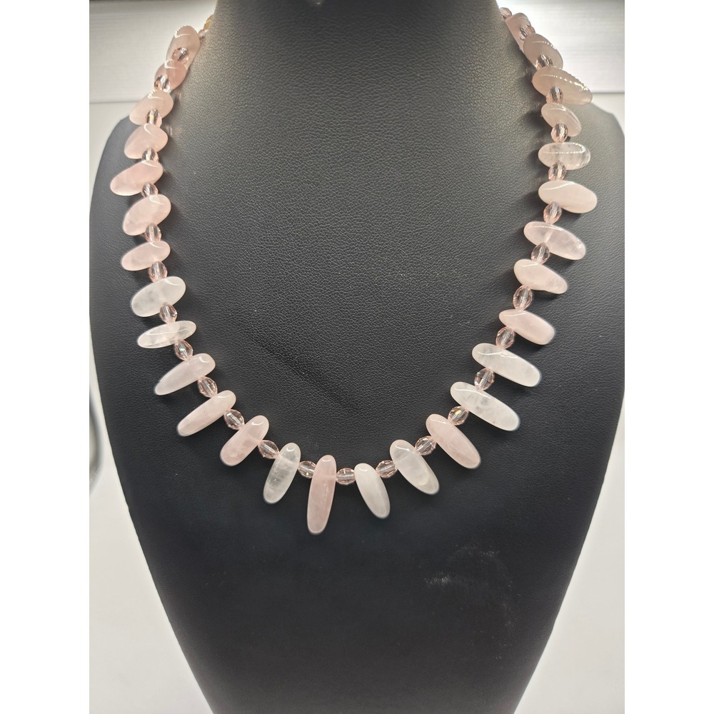 Rose Quartz Fringe Necklace Pink Natural Stone Spike Beaded Toggle Clasp 17 Inch